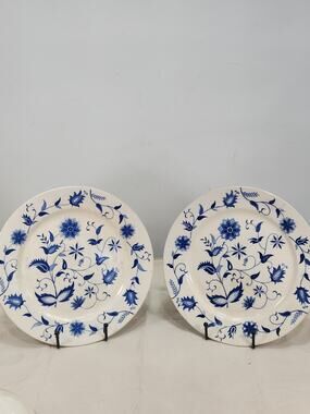 Vintage Blue Onion Japan Dinner Plates Set of 2 Blue White Floral Transferware